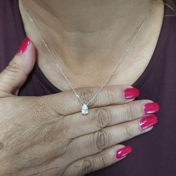 14K Gold 1 Ct Lab Grown Diamond Teardrop Diamond Solitaire Pendant Necklace - Picture 4 of 8